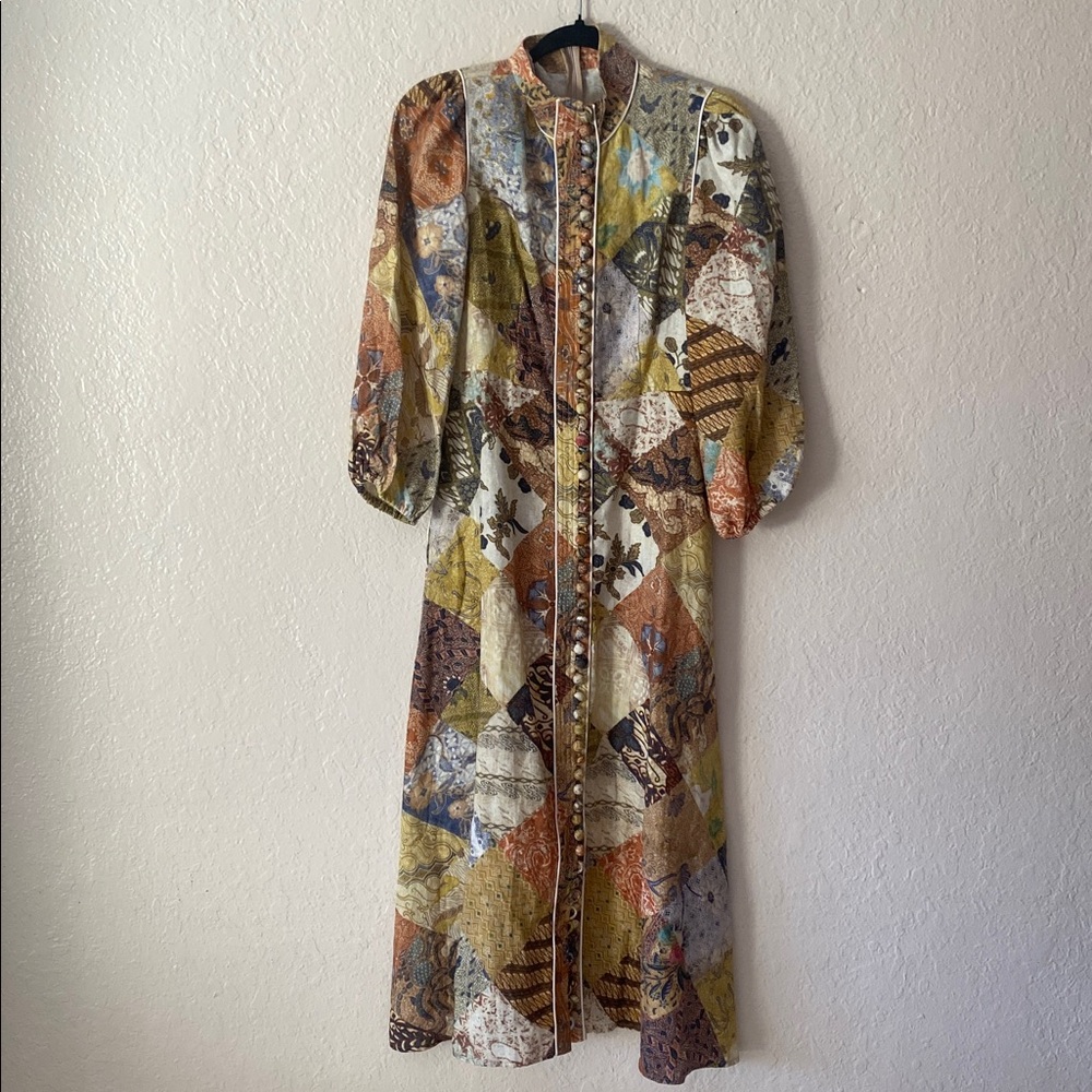 Zimmermann $895 Brightside Batik Belted Printed Linen Midi Dress Size 1 Mustard - Picture 4 of 12